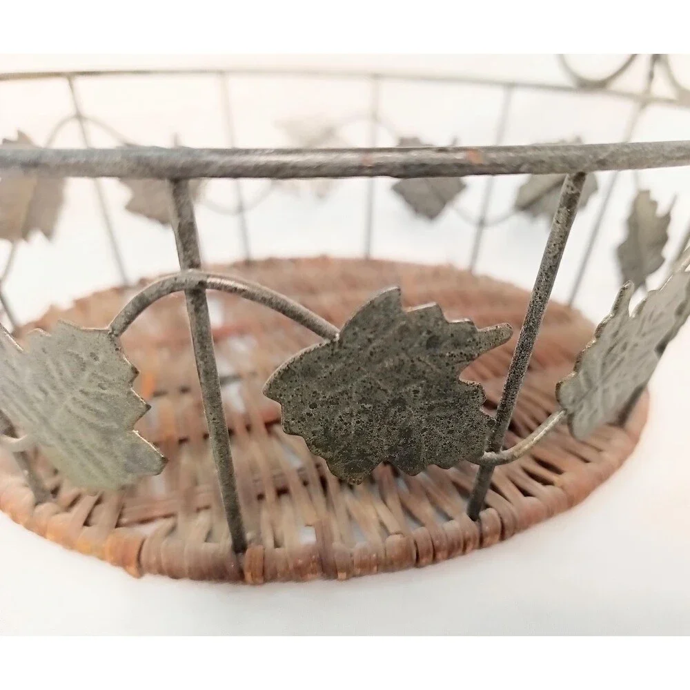 Vintage Metal Basket with Leaves - Broken Bottom